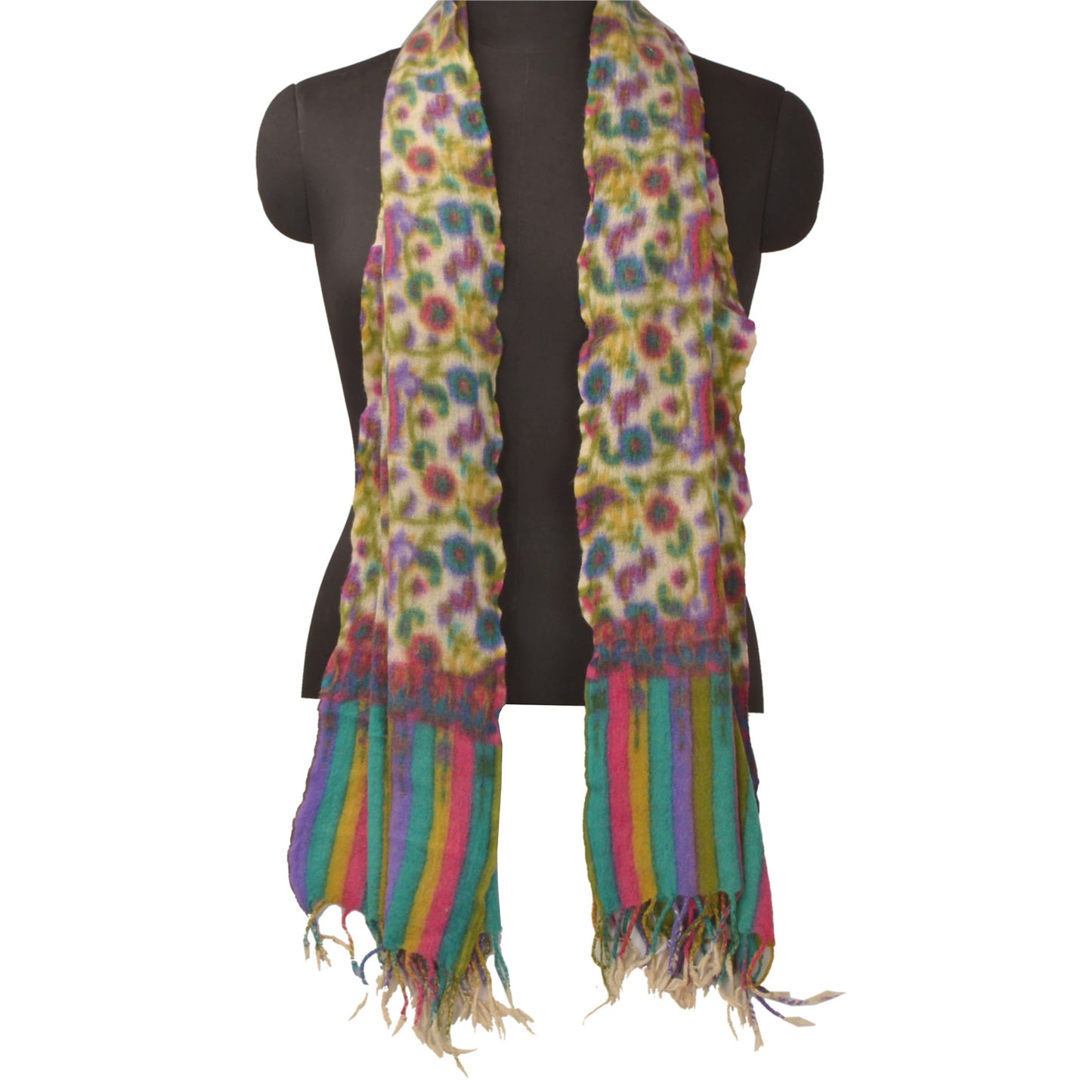 Sanskriti Vintage Cremefarvet Uldsjal Vævet Arbejde Lang Stola Blødt Tørklæde Blomsterprint