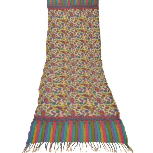 Sanskriti Vintage Cream Woollen Shawl Woven Work Long Stole Soft Scarf Floral