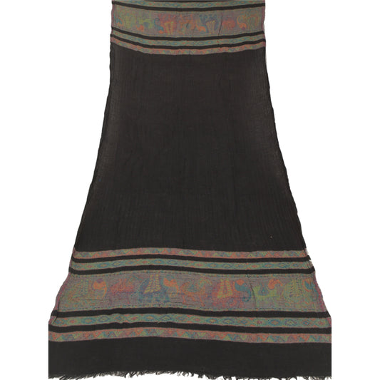 Sanskriti Vintage Black Woollen Shawl Woven Work Long Soft Stole Animal Scarf