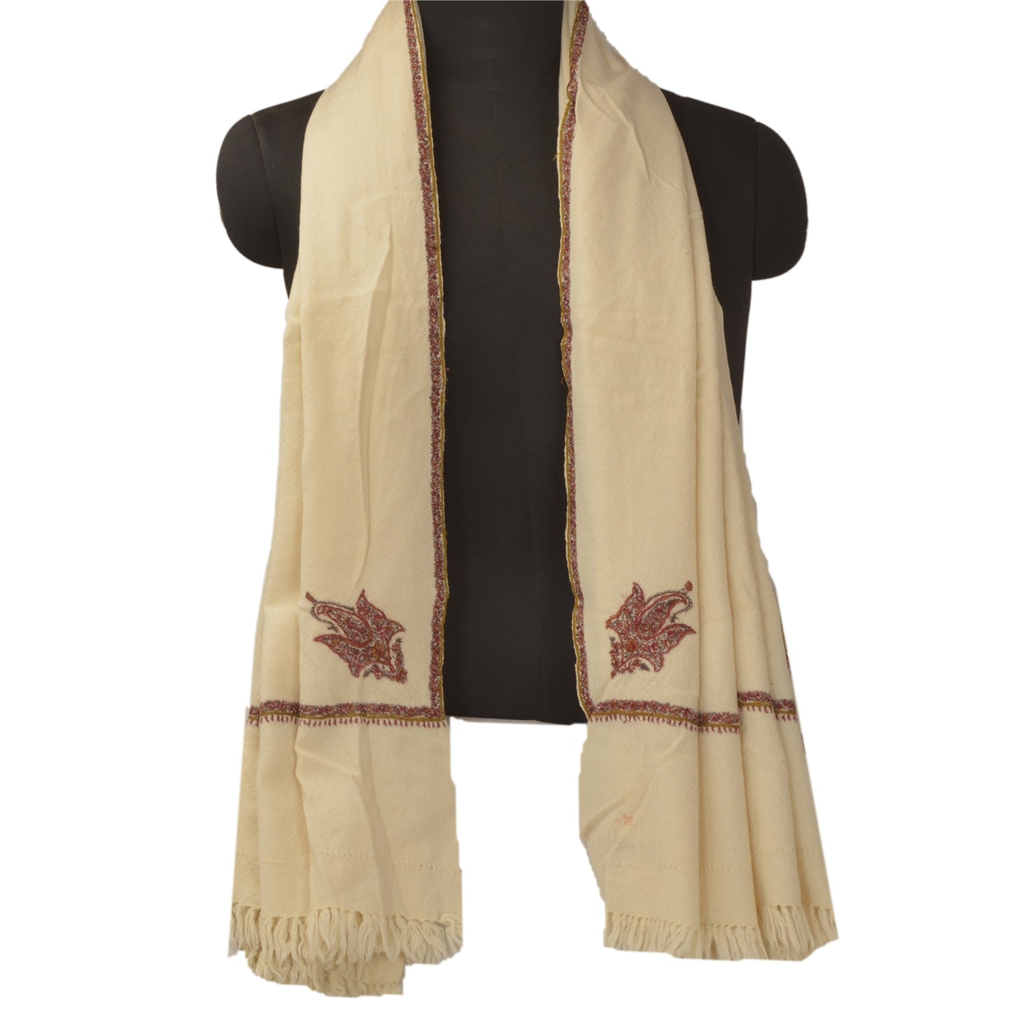 Sanskriti Vintage Cremefarvet Uldsjal Håndbroderet Suzani Arbejdsstola Tørklæde