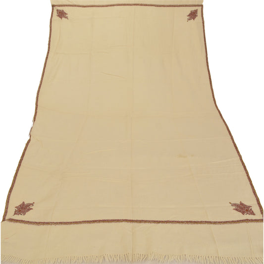 Sanskriti Vintage Cream Woolen Shawl Hand Embroidered Suzani Work Stole Scarf