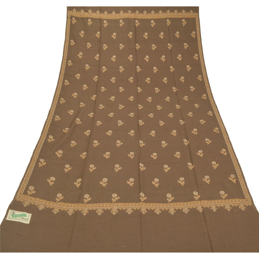 Sanskriti Vintage Brown Woolen Shawl Embroidered Long Stole Soft Scarf Floral
