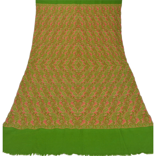 Sanskriti Vintage Green Woolen Shawl Woven Work Long Stole Soft Scarf Floral