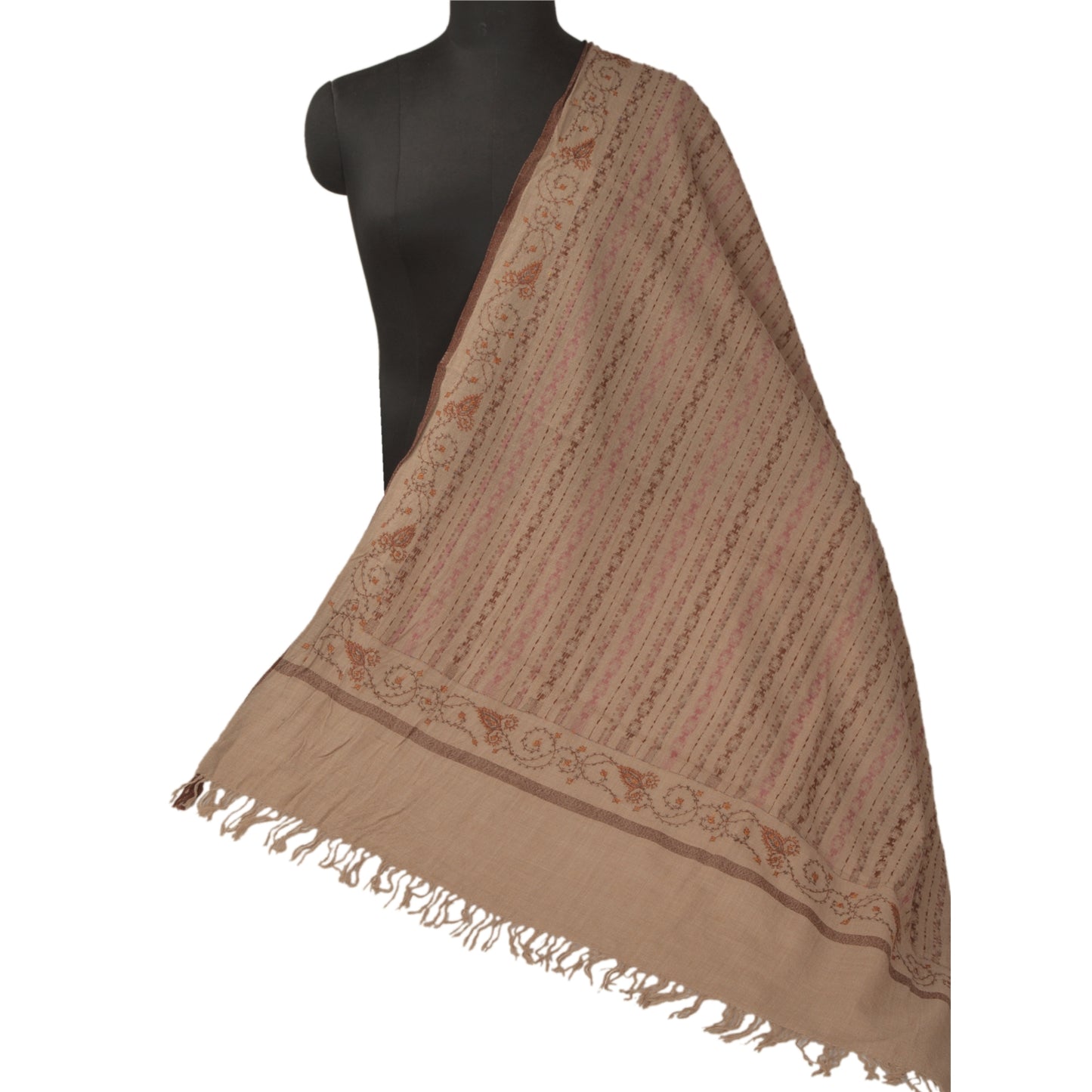 Sanskriti Vintage Brown Woolen Shawl Handmade Suzani Work Woven Stole Scarf