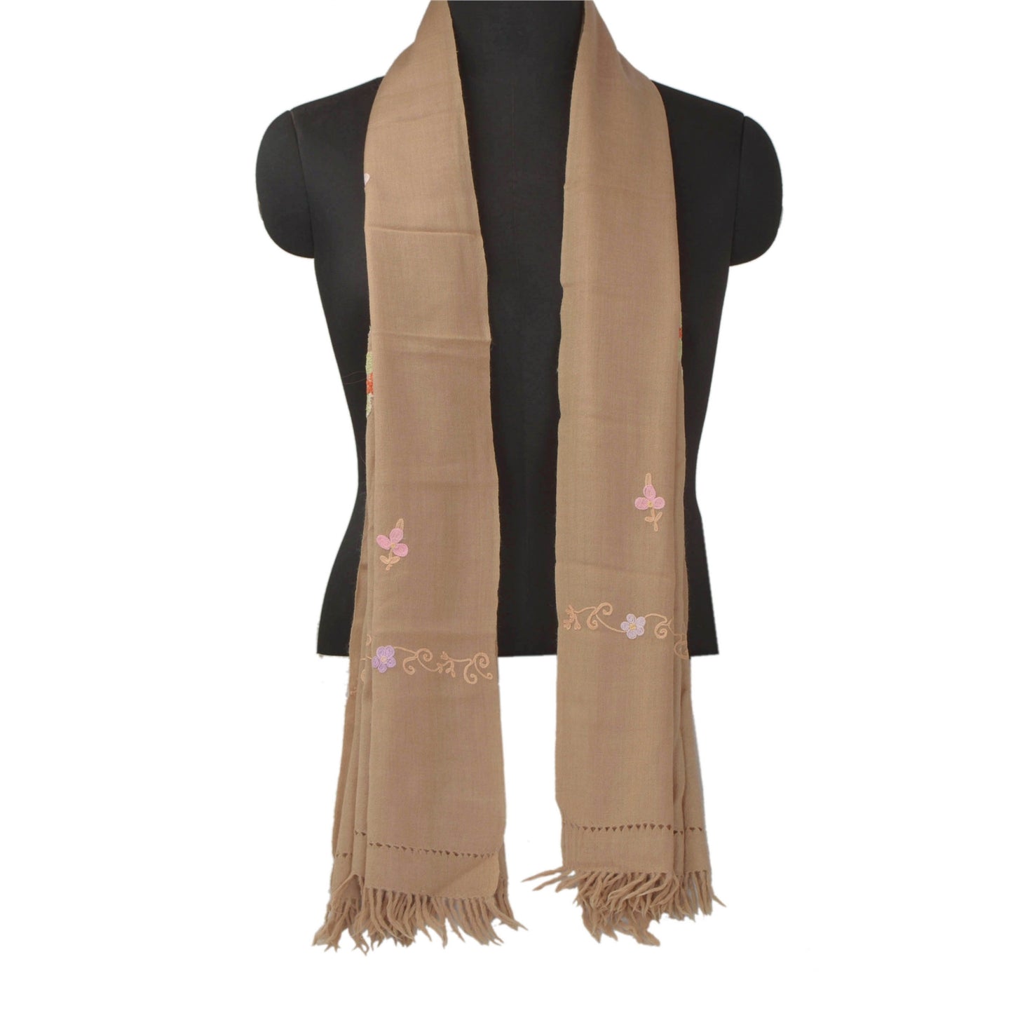 Sanskriti Vintage Beige Uldsjal Håndbroderet Ari Arbejdsstola Halstørklæde