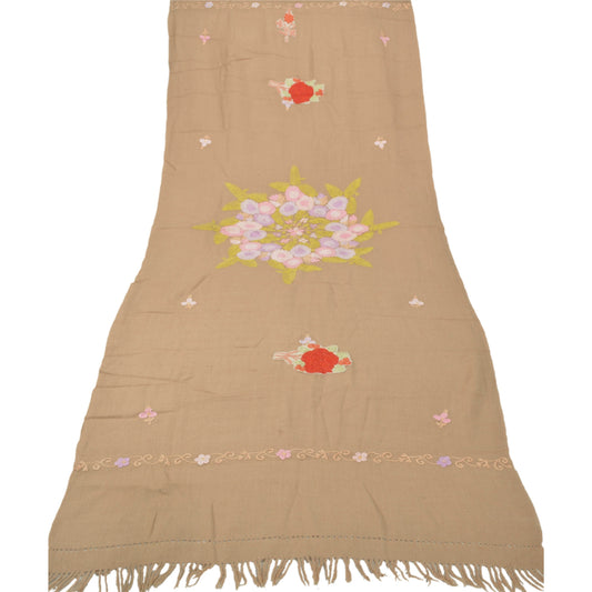 Sanskriti Vintage Beige Woolen Shawl Hand Embroidered Ari Work Stole Scarf