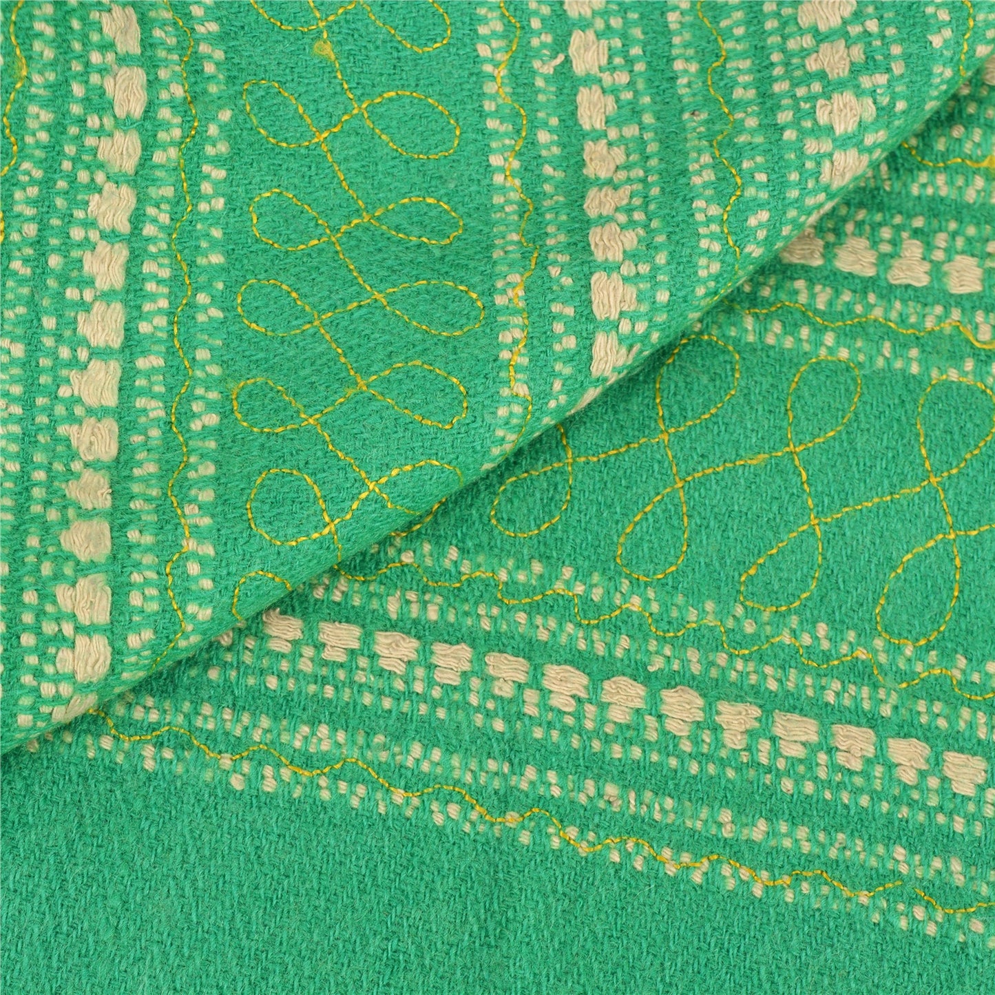 Sanskriti Vintage Long Shawl Green Handmade Ari Work Woolen Scarf Throw Stole