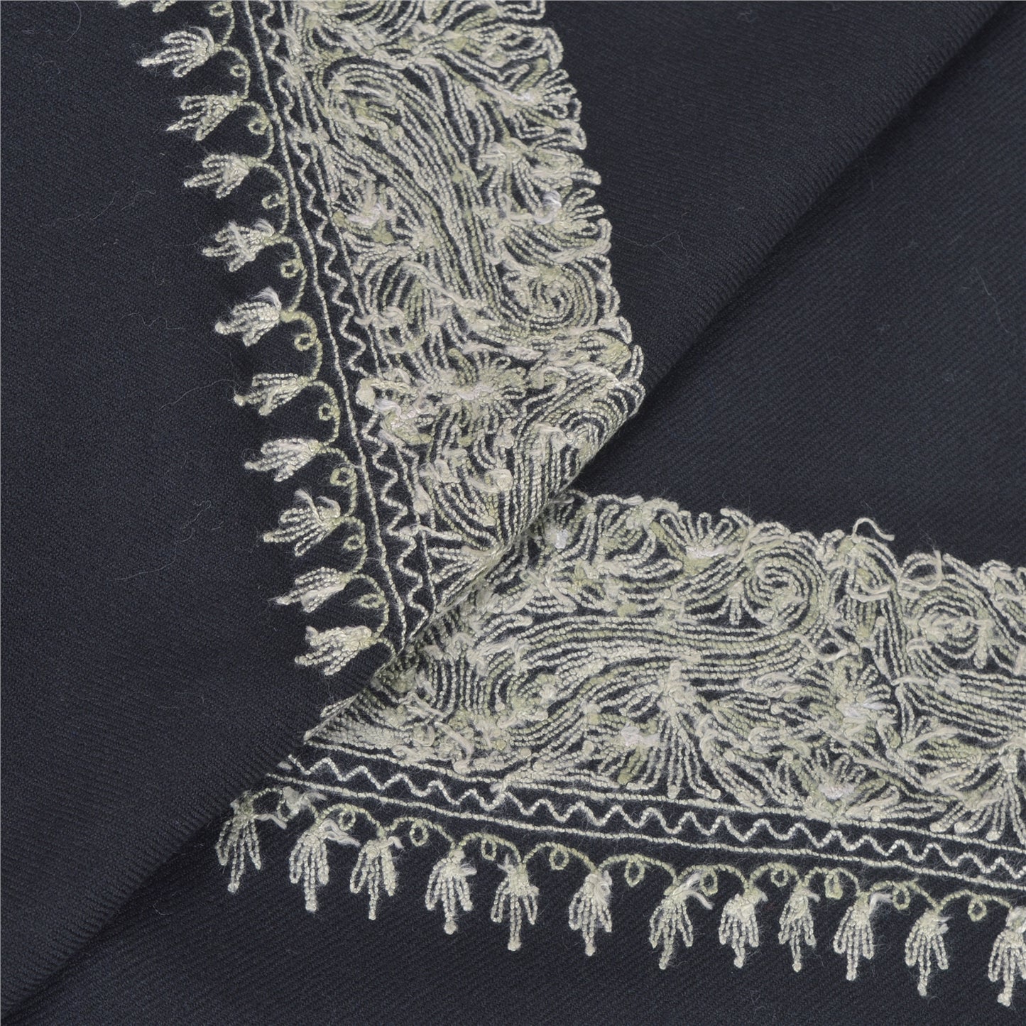 Sanskriti Vintage Long Shawl Off Black Handmade Ari Work Woolen Throw Stole