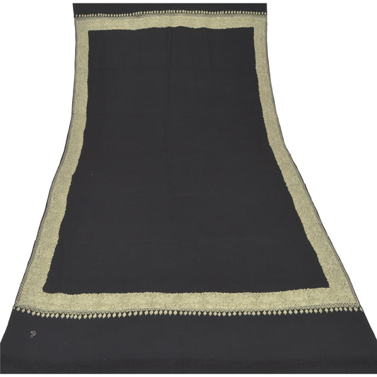 Sanskriti Vintage Long Shawl Off Black Handmade Ari Work Woolen Throw Stole