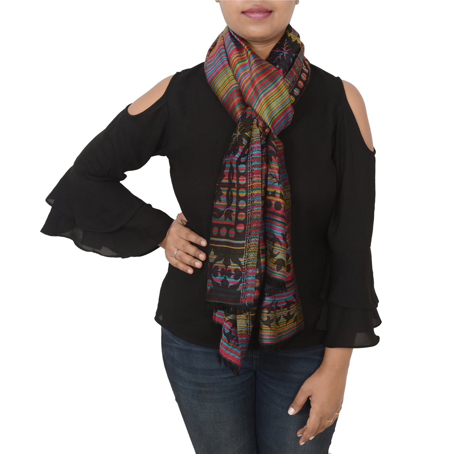 Sanskriti New Wool Blended Shawl Woven Work Long Stole Wrap Soft Scarf 80x29