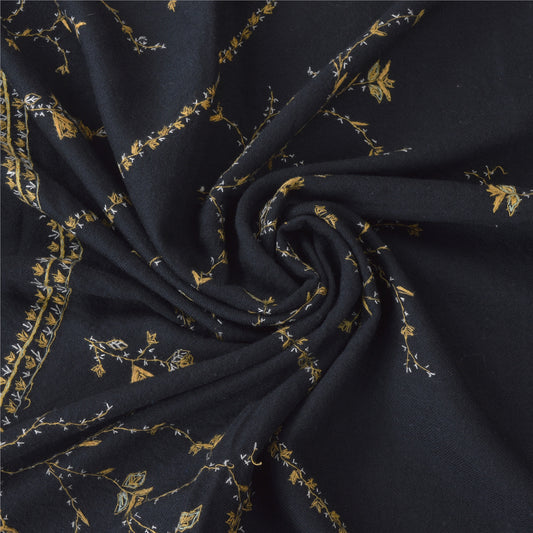 Sanskriti Vintage Long Shawl Black 100% Pure Woolen Handmade Suzani Throw Stole