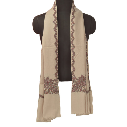 Sanskriti Vintage Cream Pure Woolen Shawl Hand Crafted Suzani Long Throw Stole