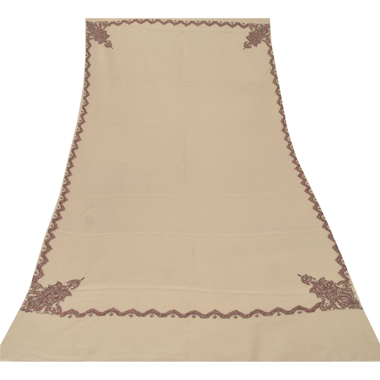 Sanskriti Vintage Cream Pure Woolen Shawl Hand Crafted Suzani Long Throw Stole