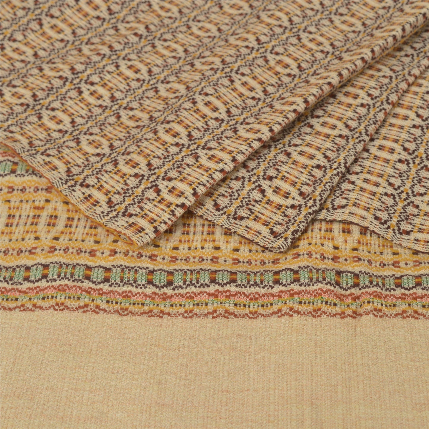 Sanskriti Vintage Cream Woolen Shawl Woven Floral Long Throw Scarf/Stole