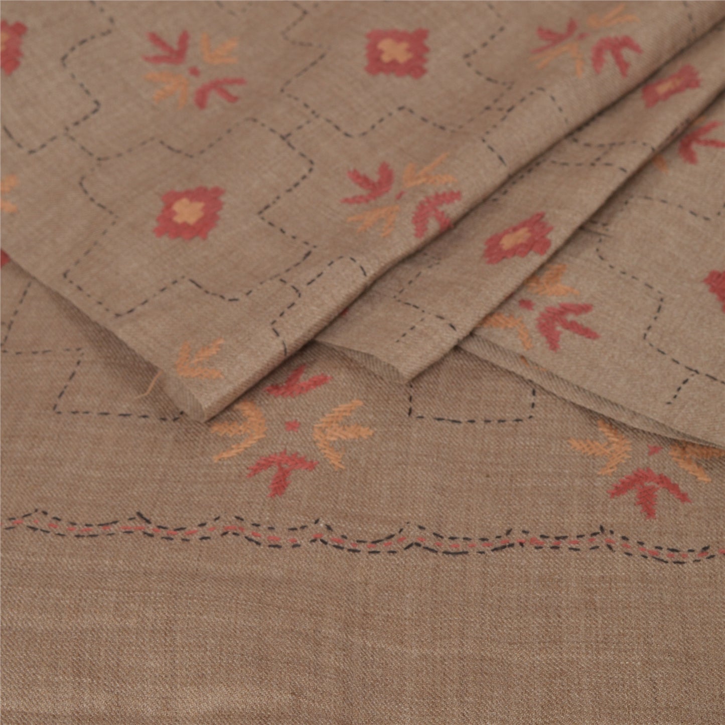 Sanskriti Vintage Brown 100% Pure Woolen Shawl Handmade Kantha Long Throw Stole