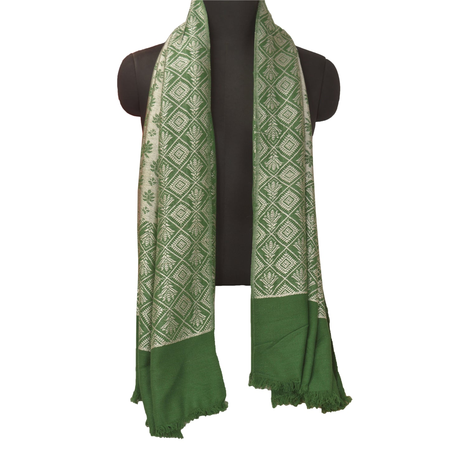 Sanskriti Vintage Green Woolen Hand Woven Reversible Shawl Long Stole Throw Scarf
