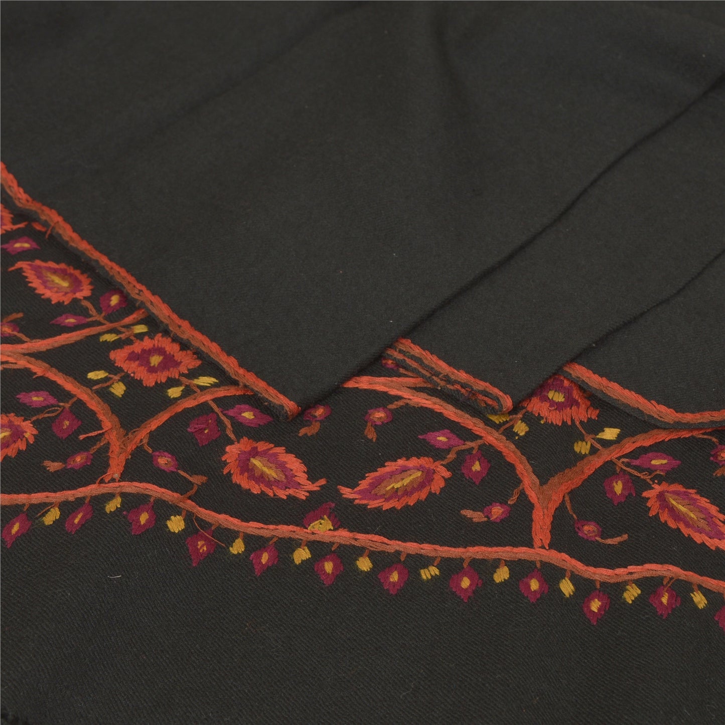 Sanskriti Vintage Black Pure Woolen Shawl Hand Embroidered Long Throw Stole