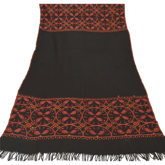Sanskriti Vintage Black Pure Woolen Shawl Hand Embroidered Long Throw Stole