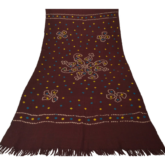 Sanskriti Vintage Dark Brown Pure Woolen Shawl Bandhani Work Long Throw Stole