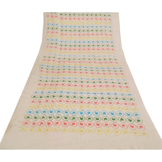 Sanskriti Vintage White Pure Woolen Shawl Embroidered Long Throw Floral Stole