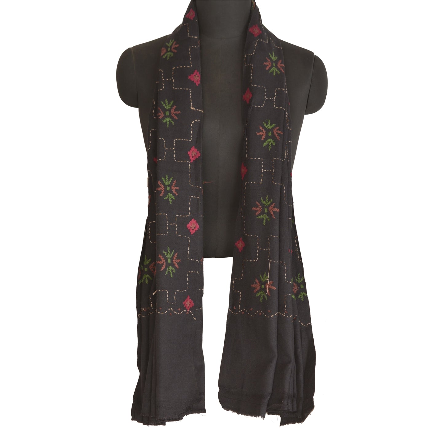 Sanskriti Vintage Black 100% Pure Woolen Shawl Hand Embroidered Long Throw Stole