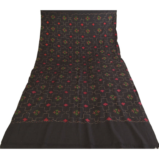 Sanskriti Vintage Black 100% Pure Woolen Shawl Hand Embroidered Long Throw Stole