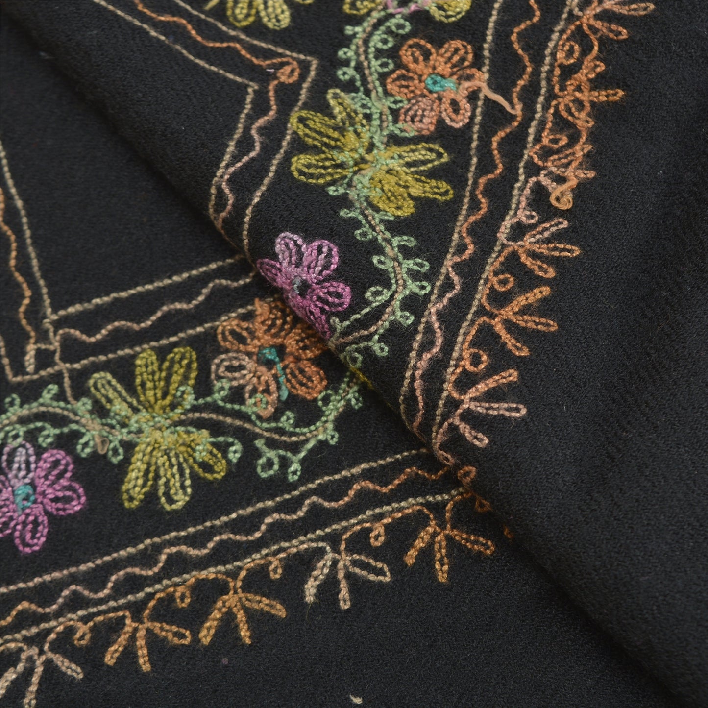 Sanskriti Vintage Long Black Pure Woolen Shawl Handmade Ari Work Scarf Stole