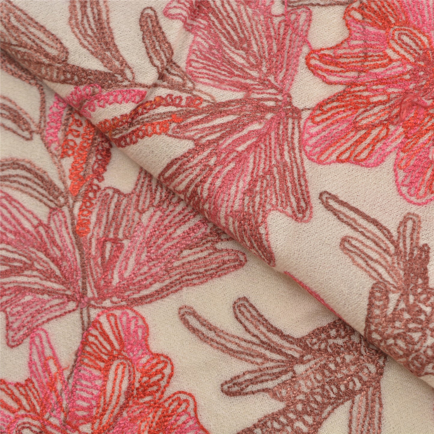 Sanskriti Vintage Long Ivory Pure Woolen Shawl Handmade Ari Work Scarf Stole