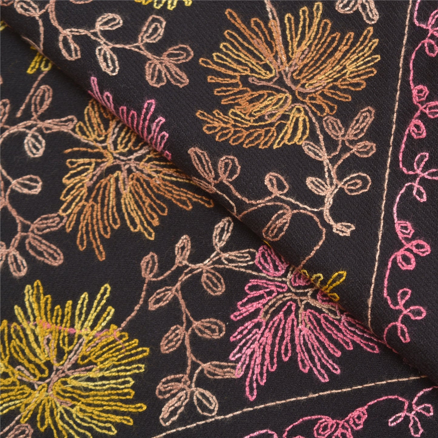 Sanskriti Vintage Long Black Woolen Shawl Handmade Ari Work Scarf Throw Stole