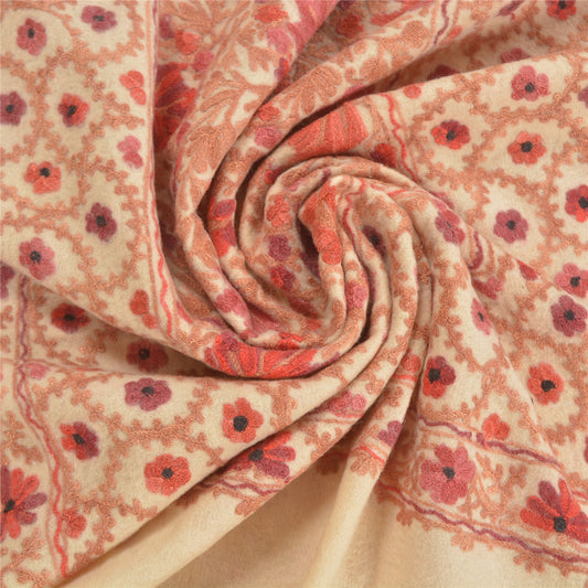 Sanskriti Vintage Ivory Pure Woolen Handmade Ari Work Shawl Long Throw Stole