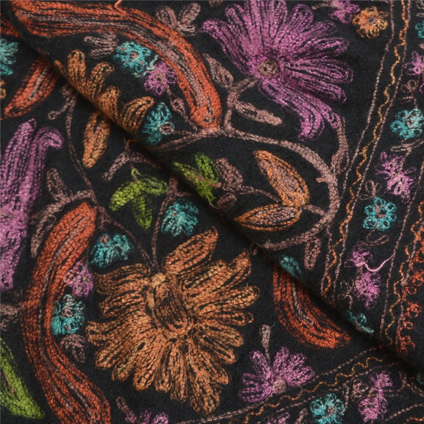 Sanskriti Vintage Black Pure Woolen Handmade Ari Work Shawl Long Throw Stole