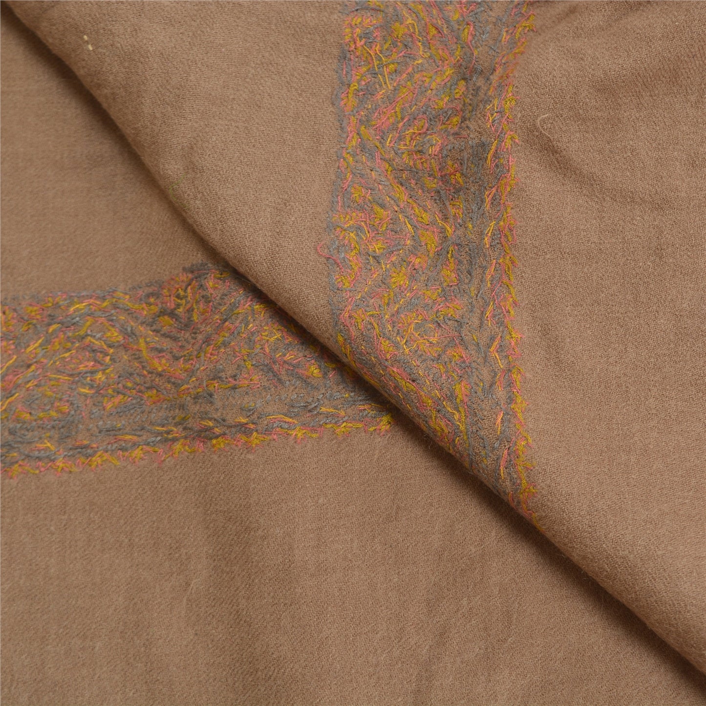 Sanskriti Vintage Long Brown Pure Woolen Shawl Handmade Suzani Scarf Stole