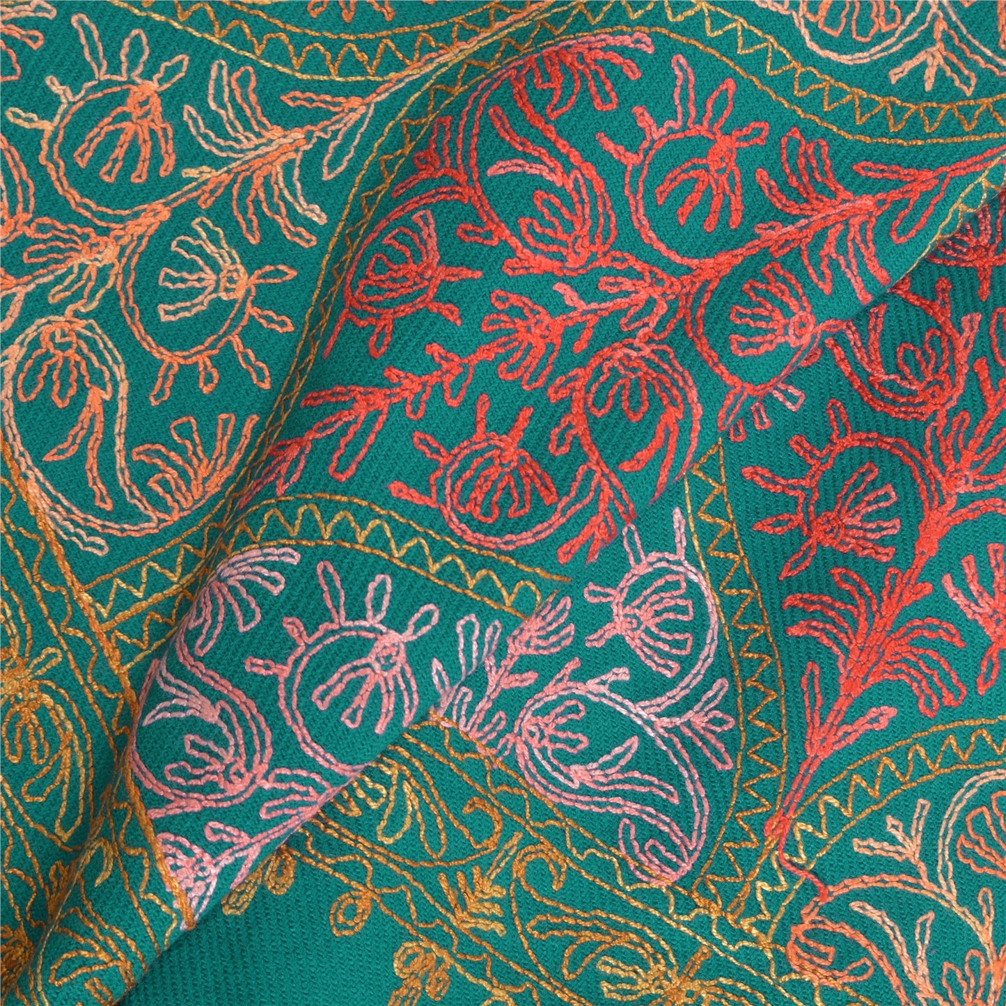 Sanskriti Vintage Long Green Woolen Shawl Hand Embroidered Ari Work Scarf Stole