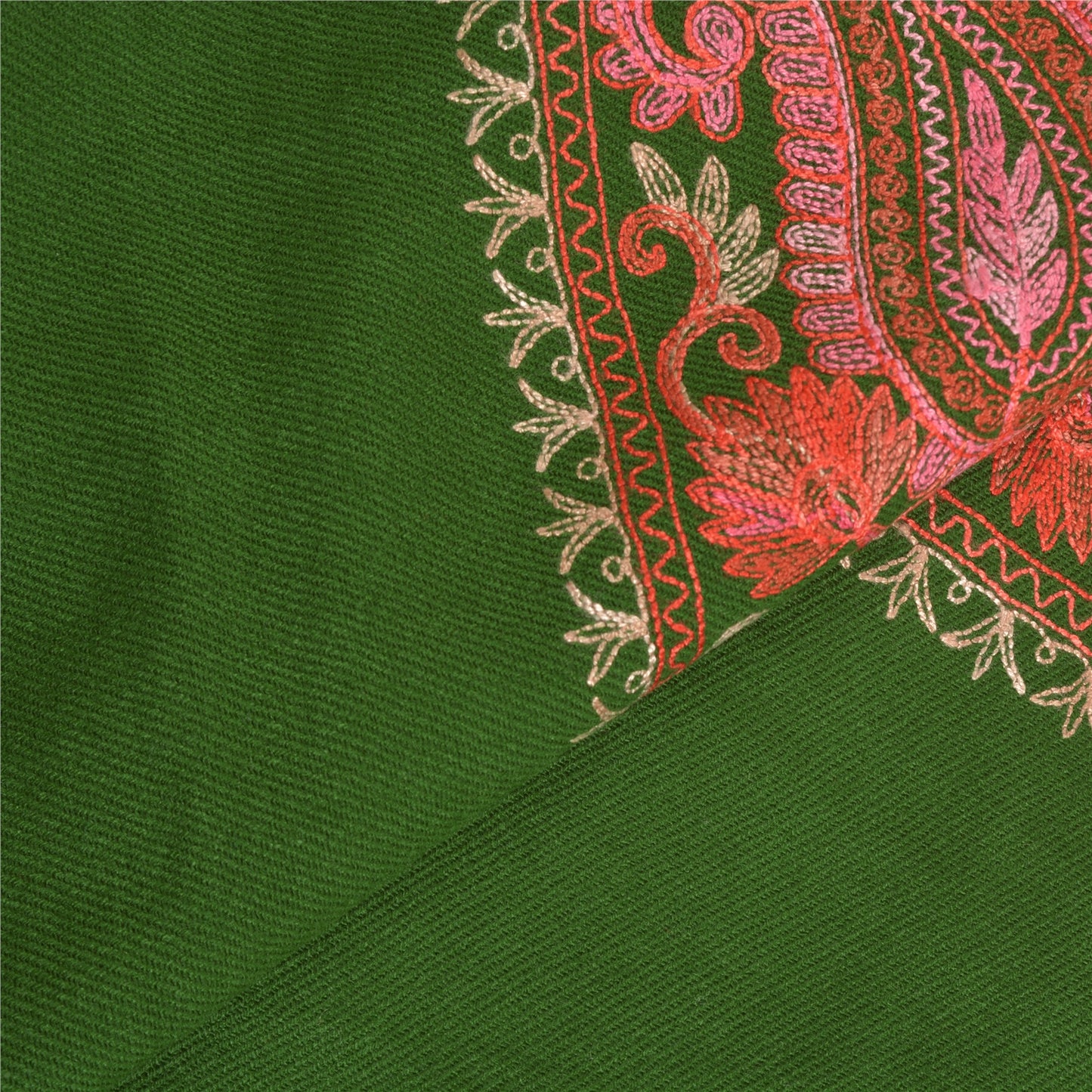 Sanskriti Vintage Long Green Woolen Shawl Handmade Ari Work Scarf Stole