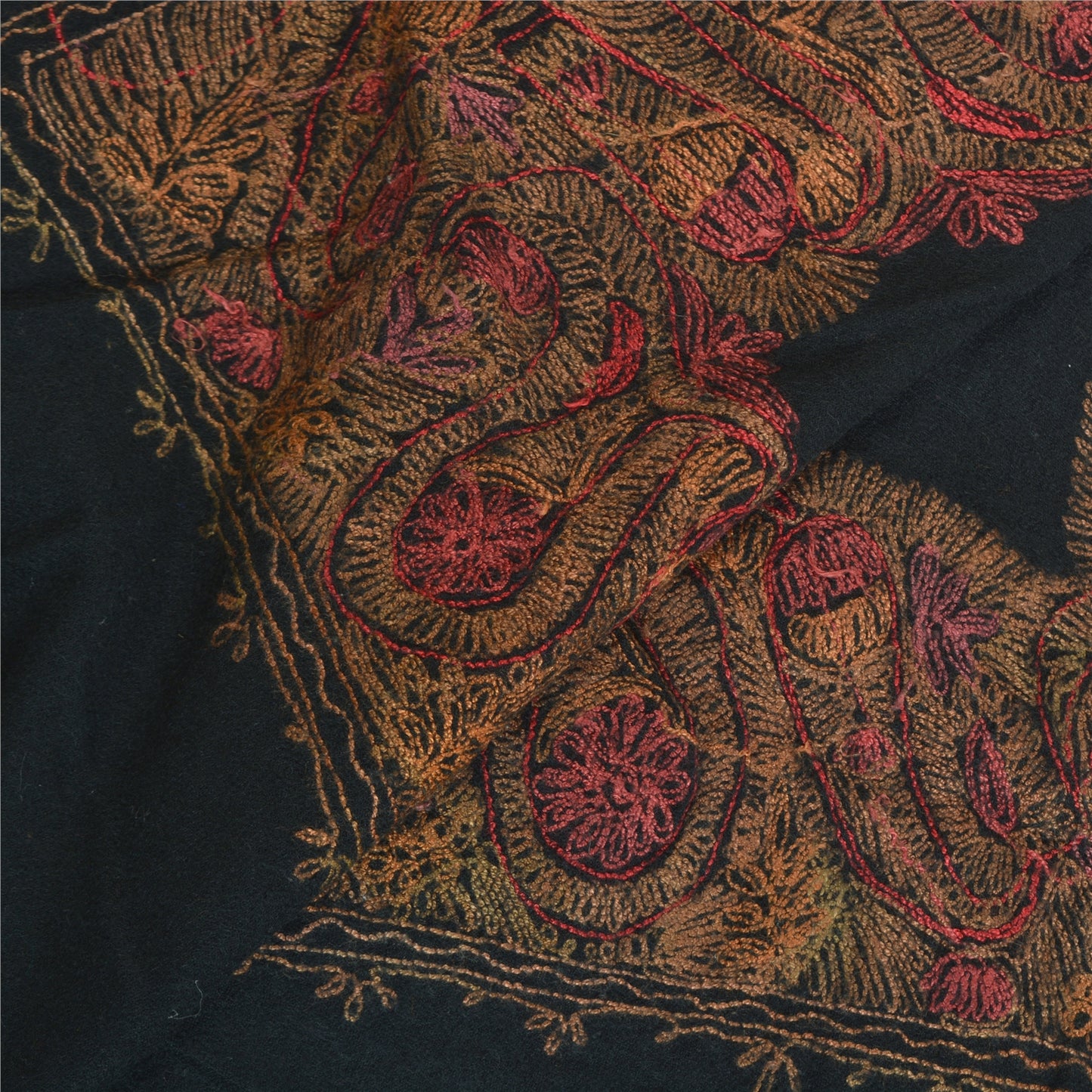 Sanskriti Vintage Long Pure Woolen Black Shawl Handmade Ari Work Scarf Stole
