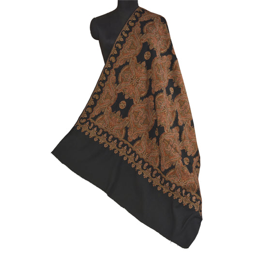 Sanskriti Vintage Long Black Pure Woolen Shawl Woven Kashmiri Scarf Soft Stole