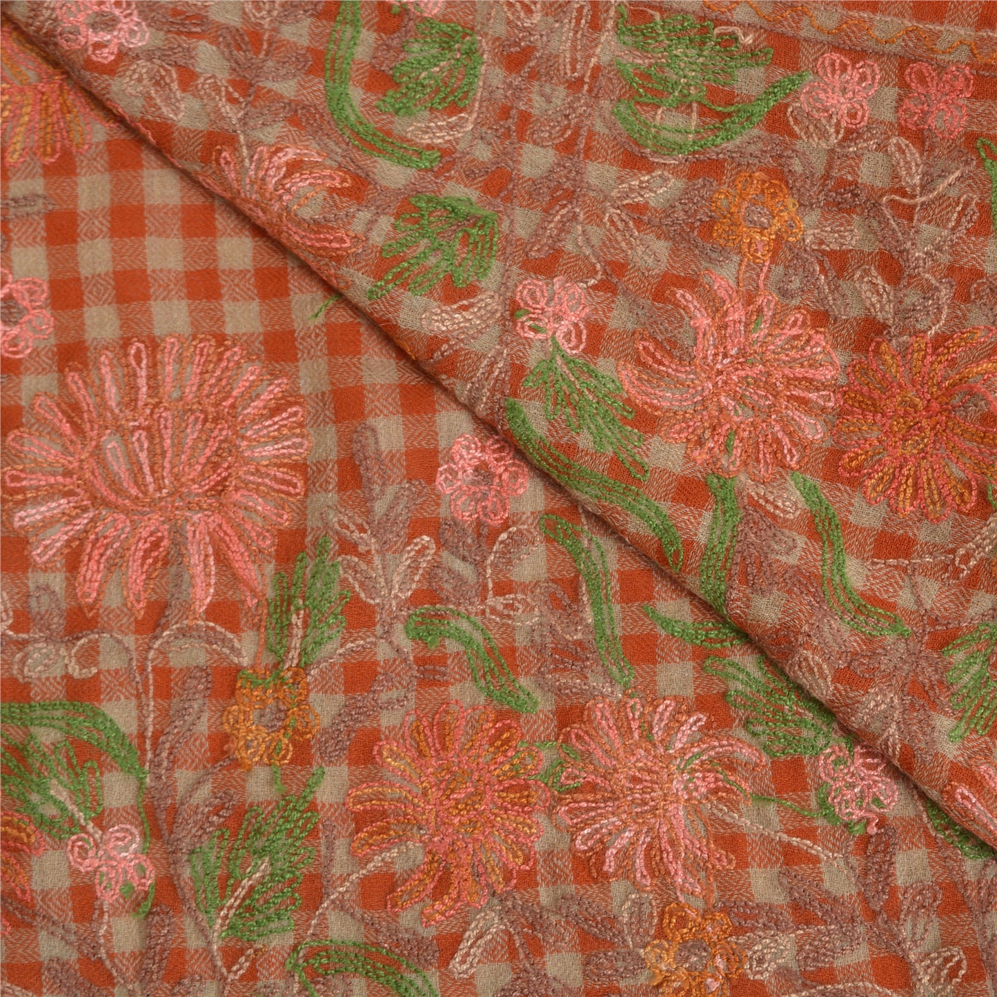 Sanskriti Vintage Long Brown Pure Woolen Shawl Handmade Ari Work Scarf Stole