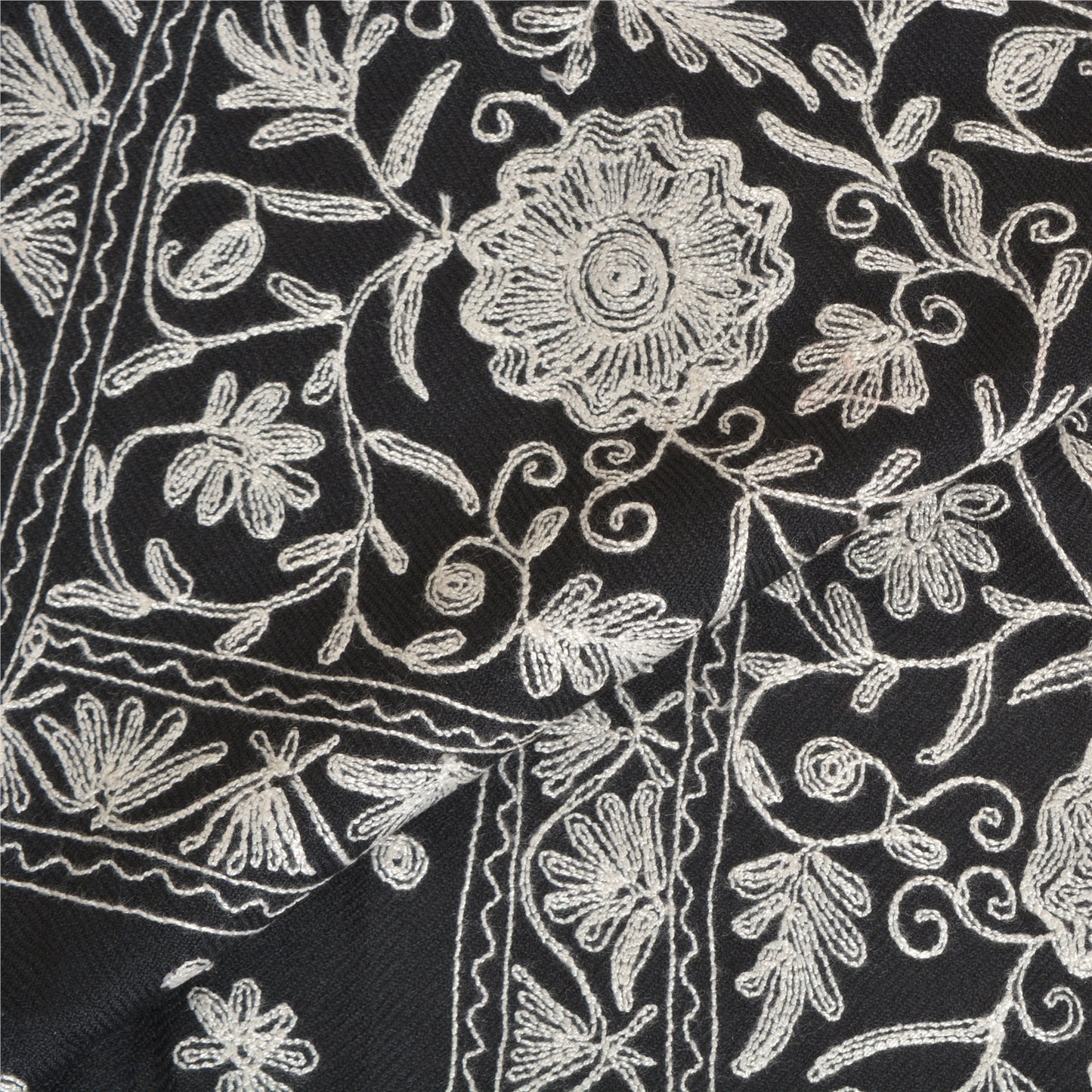 Sanskriti Vintage Long Black Woolen Shawl Handmade Ari Work Scarf Stole