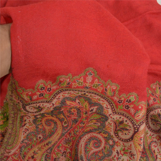Sanskriti Vintage Long Red Pure Woollen Woven Kashmiri Shawl Scarf Throw Stole
