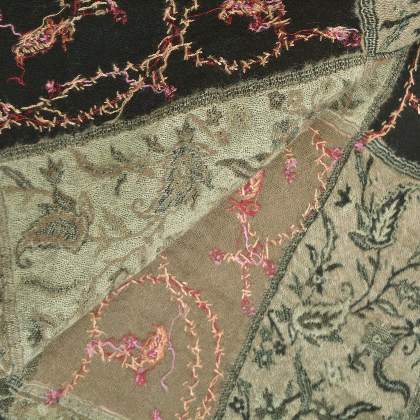 Санскрити Винтаж Длинный Чистый Шерстяной Черный Шаль Ручная ВышивкаСюзани Шарф Палантин