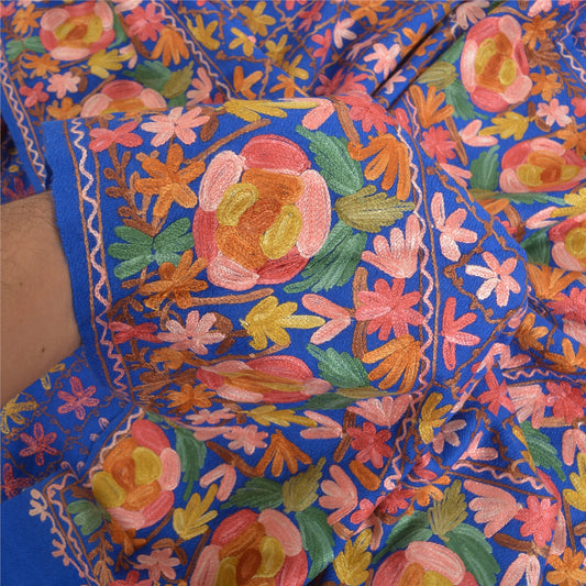 Sanskriti Vintage Long Scarf Blue Pure Woolen Shawl Embroidered Ari Stole Shawl