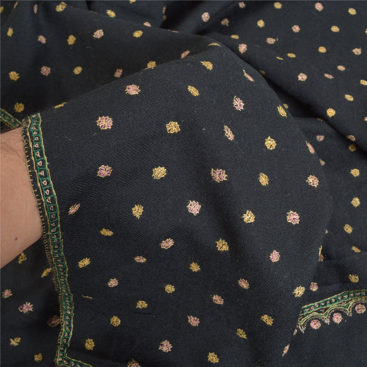 Sanskriti Vintage Long Pure Woolen Black Shawl Handmade Suzani Scarf Stole