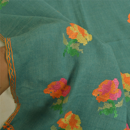 Sanskriti Vintage Long Pure Woolen Green Shawl Sindhi Embroidered Scarf Stole
