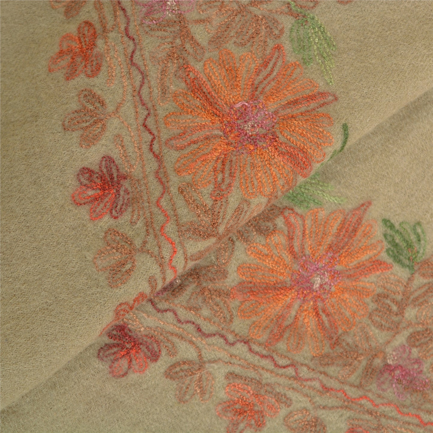 Sanskriti Vintage Long Pure Woollen Ivory Shawl Handmade Ari Work Scarf Stole