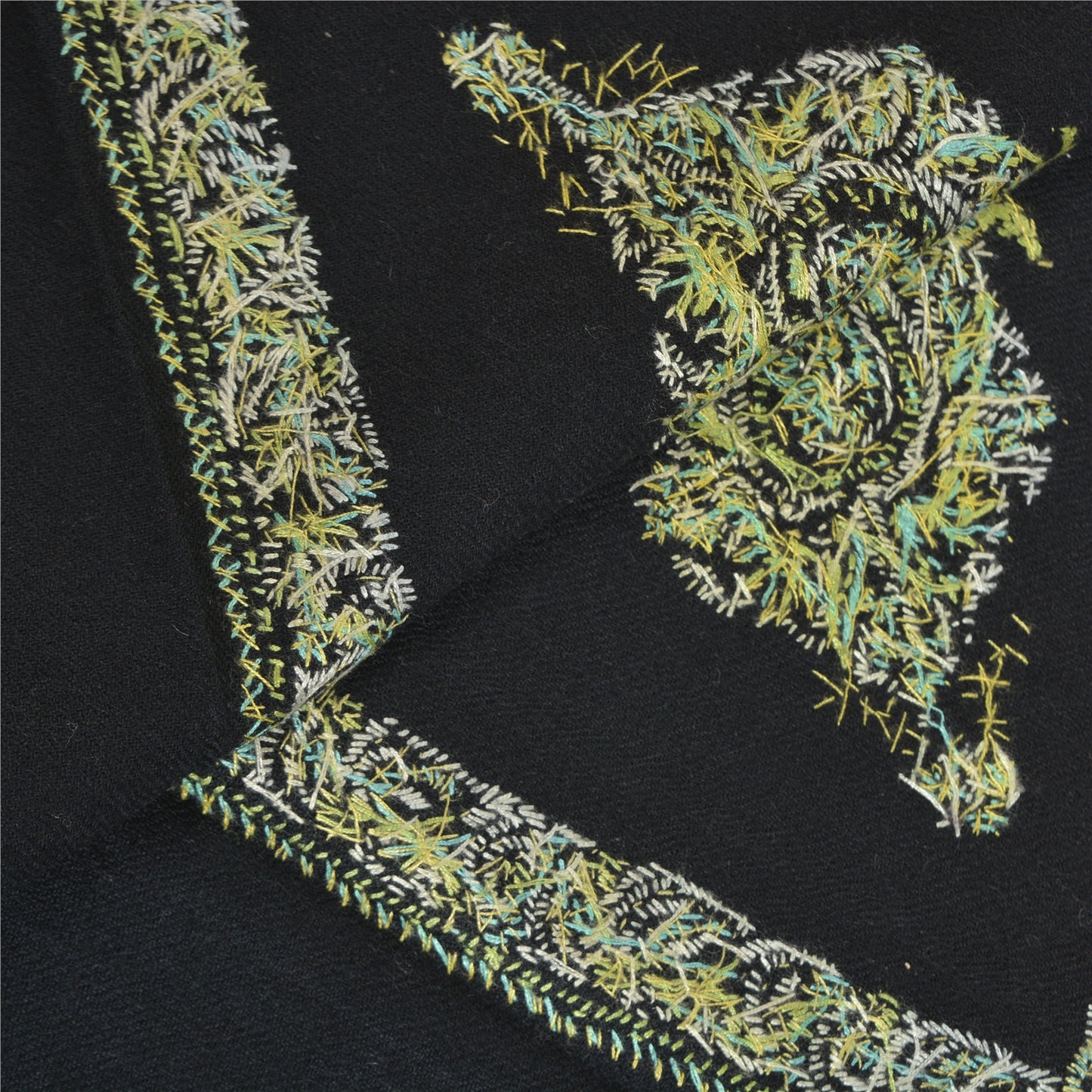 Sanskriti Vintage Long Pure Woolen Black Shawl Handmade Suzani Scarf Stole