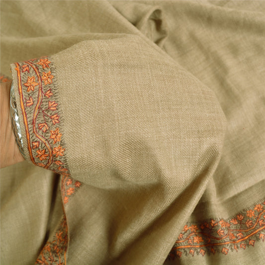 Sanskriti Vintage Long Woollen Brown Shawl Hand Embroidered Suzani Scarf Stole