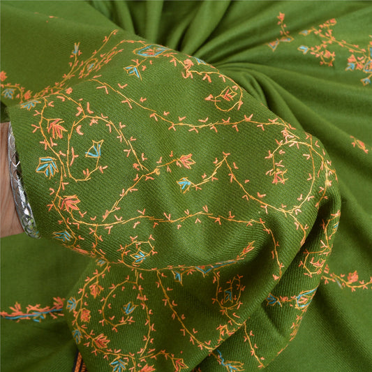 Sanskriti Vintage Long Woollen Green Shawl Hand Embroidered Suzani Scarf Stole