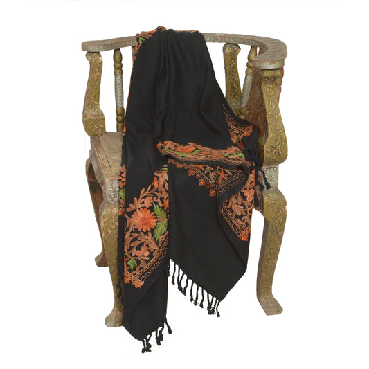 Sanskriti Vintage Black Pure Woolen Hand Embroidered Ari Shawl Long Throw Stole