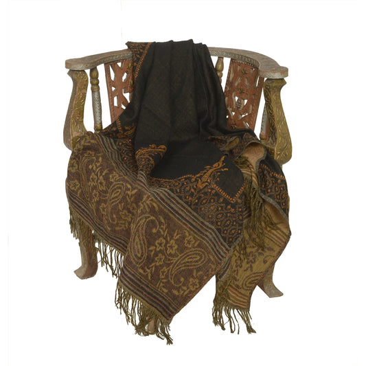 Sanskriti Vintage Long Black Pure Woolen Shawl Handmade Suzani Scarf Stole