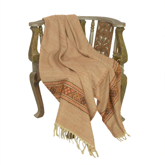 Sanskriti Vintage Long Cream Pure Woolen Shawl Woven Scarf Throw Soft Stole